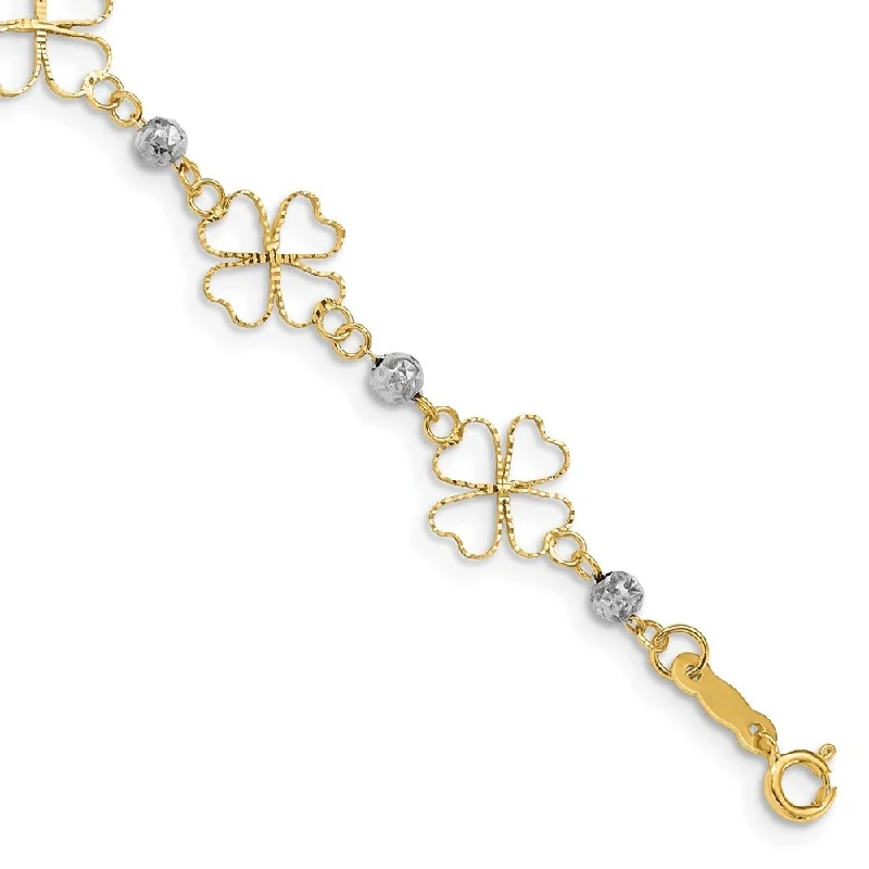 14k Two-tone 9mm Diamond-cut Open Clovers & Beads Bracelet, 7.5"