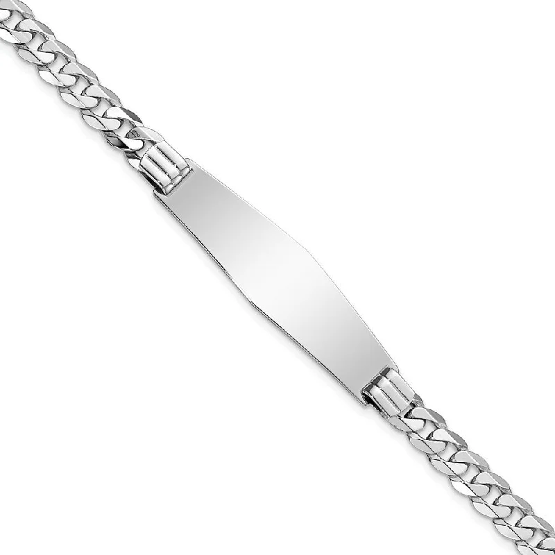 14k White Gold 10mm Flat Curb Link Soft Diamond Shape with Lobster Claw ID Bracelet, 8"