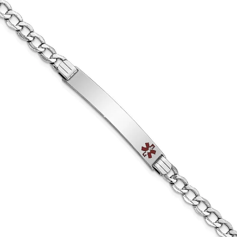 14k White Gold 6mm Semi-Solid Medical Polished Red Enamel Curb ID Bracelet, 7"