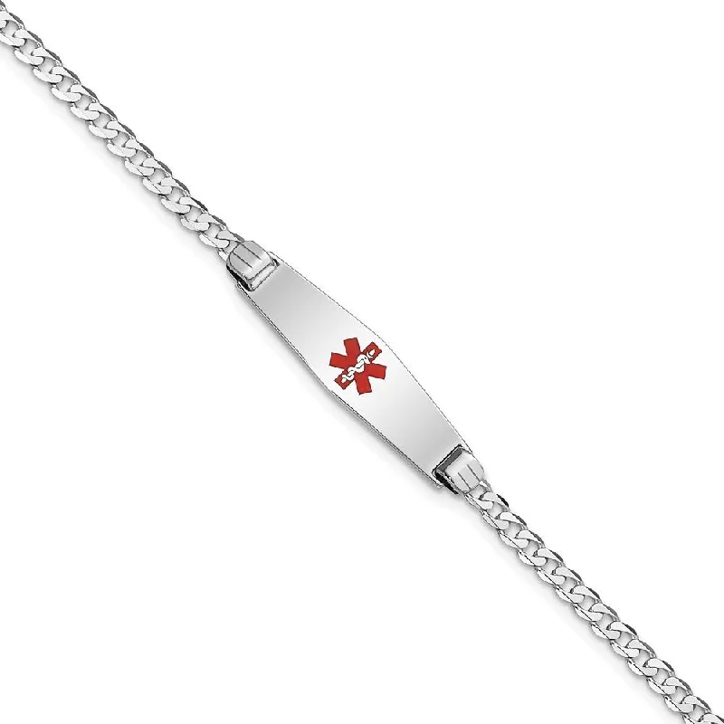 14k White Gold 7.5mm Medical Soft Diamond Shape Red Enamel Flat Curb Link ID Bracelet, 7"