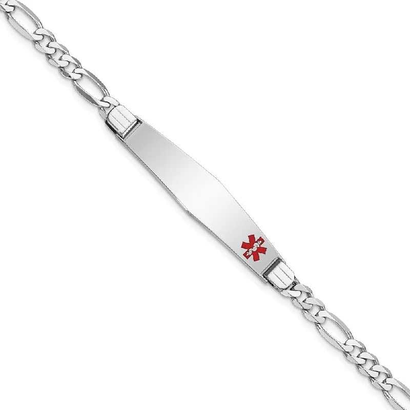 14k White Gold 9mm Medical Soft Diamond Shape Red Enamel Figaro Link ID Bracelet, 7"