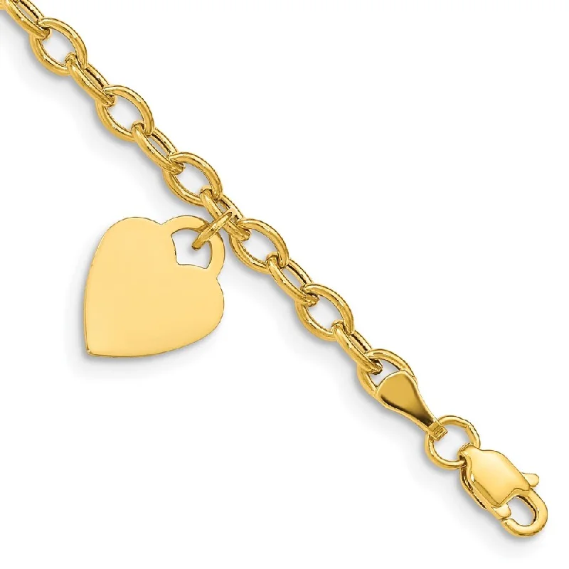 14k Yellow Gold 10.5mm Dangle Heart Bracelet, 7.5"