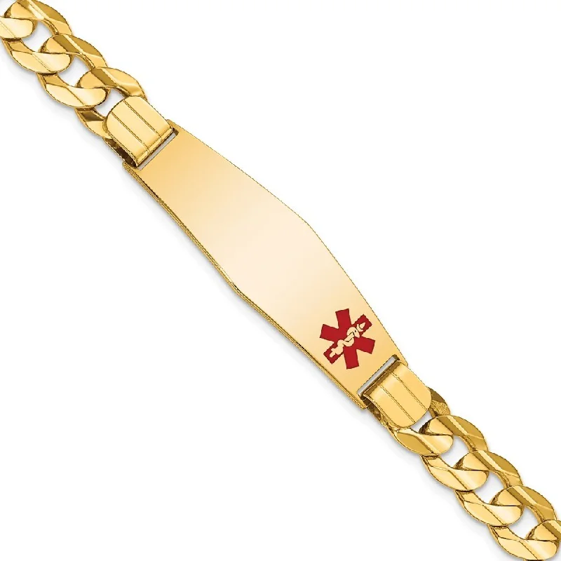 14k Yellow Gold 13.5mm Medical Soft Diamond Shape Red Enamel Curb ID Bracelet, 8"