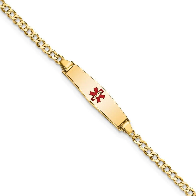 14k Yellow Gold 5.5mm Medical Semi-Solid Soft Diamond Shape Red Enamel ID Cuban Bracelet, 6"