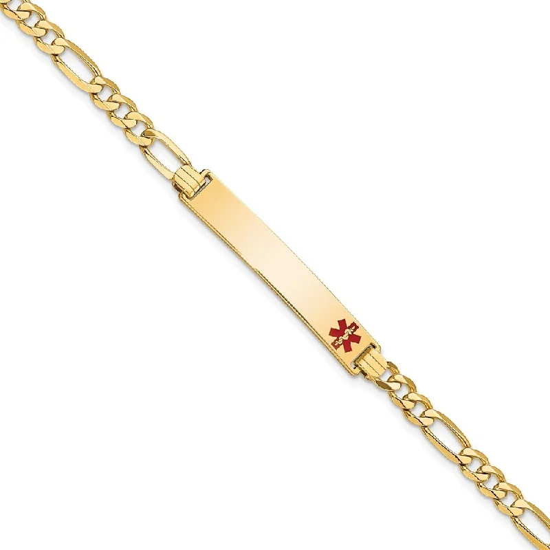 14k Yellow Gold 6.5mm Medical Red Enamel Flat Figaro Link ID Bracelet, 7"