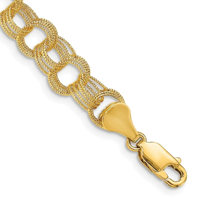 14k Yellow Gold 7mm Solid Triple Link Charm Bracelet, 7"