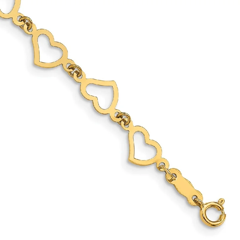 14k Yellow Gold 8mm Flat Open Hearts Bracelet, 7.5"