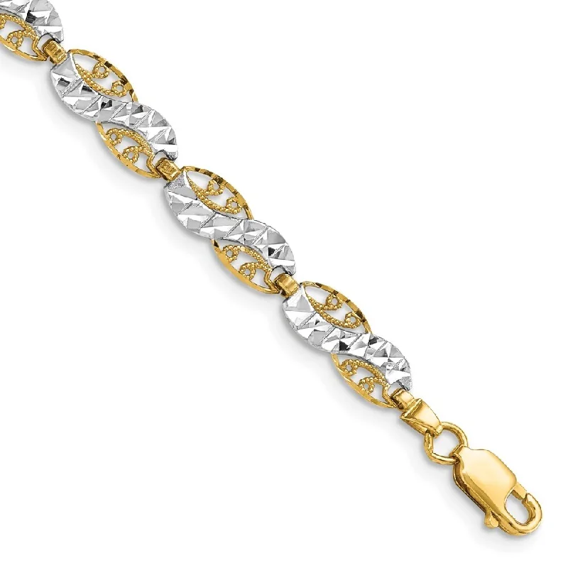 14k Yellow Gold and White Rhodium 5.3mm Diamond-Cut Filigree Link Bracelet, 7.5"