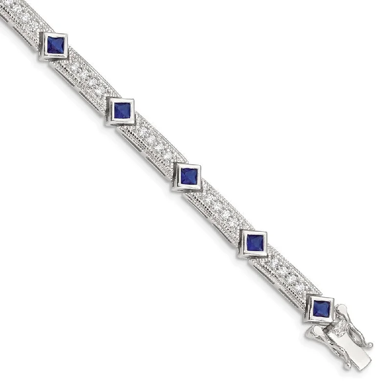 925 Sterling Silver Rhodium-plated Blue Glass and Cubic Zirconia Bracelet, 7.25"