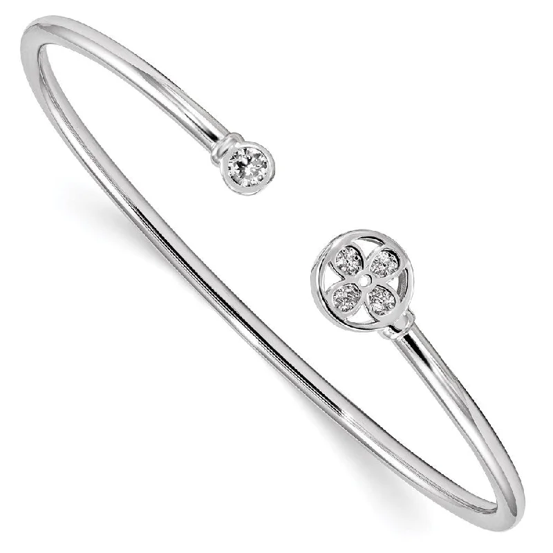 925 Sterling Silver Rhodium-plated Cubic Zirconia Flower Cuff Bgangle