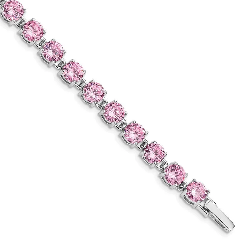 925 Sterling Silver Rhodium Plated Pink Cubic Zirconia Bracelet, 7"