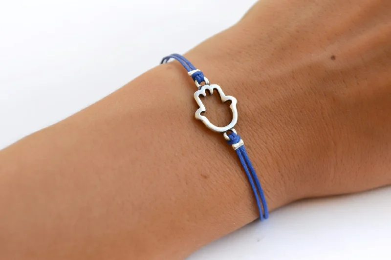 Blue cord bracelet with a silver Hamsa charm, mothers day gift