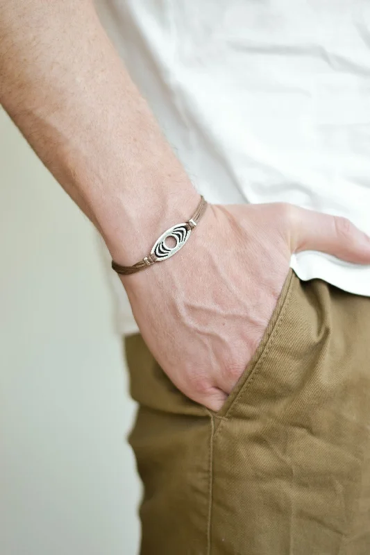 handmade bracelet for men, silver oval charm, brown string, custom color, customized fathers day gift