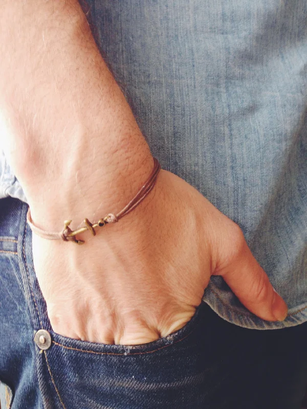 Bronze anchor charm bracelet for men, brown cord, Christmas gift for him