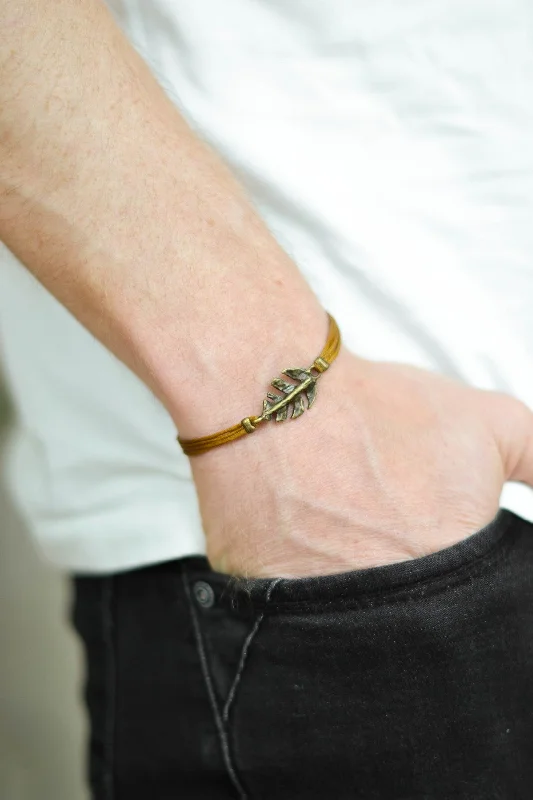 Bronze Leaf charm bracelet for men, brown cord, gift for him, Valentine's day gift