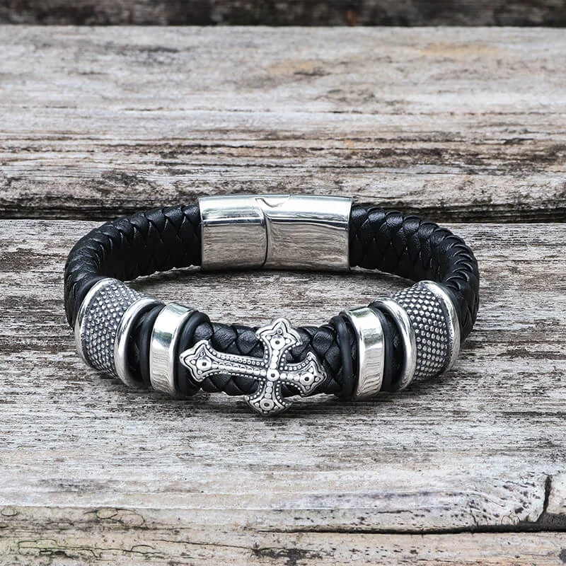 Budded Cross Stainless Steel Braided Leather Bracelet