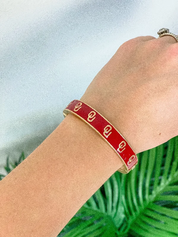 Collegiate Gold Football Hinged Bangle Bracelet - Oklahoma Red