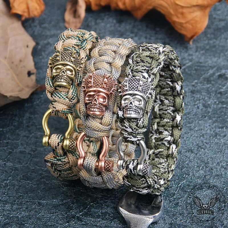 Camo Skull Head Braided Paracord Brass Bracelet