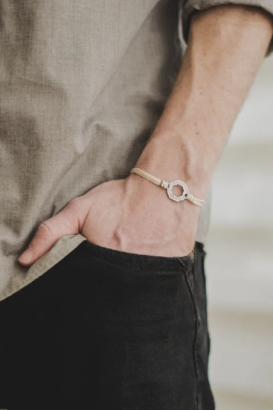 Bracelet for men, silver hexagon charm bracelet for him, beige string, customized handmade fathers day gift