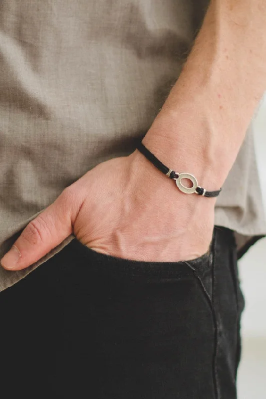 Charm circle bracelet for men, silver oval charm, black cord, handmade gift for boyfriend