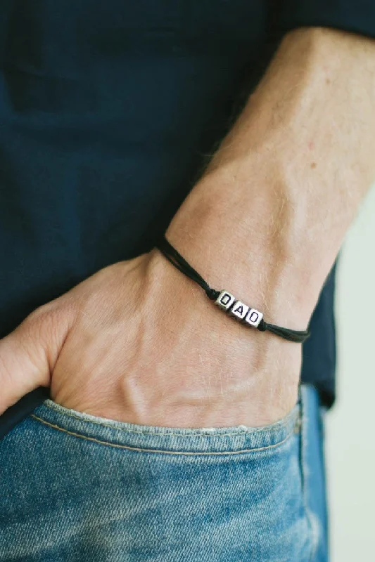 Dad bracelet, black cord, personalized fathers day gift for him