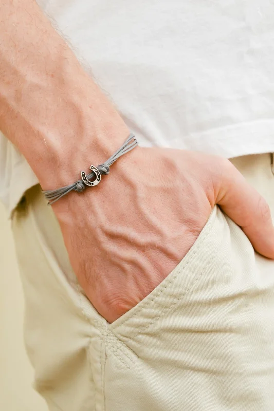 Silver Horseshoe bead bracelet for men, gray cords