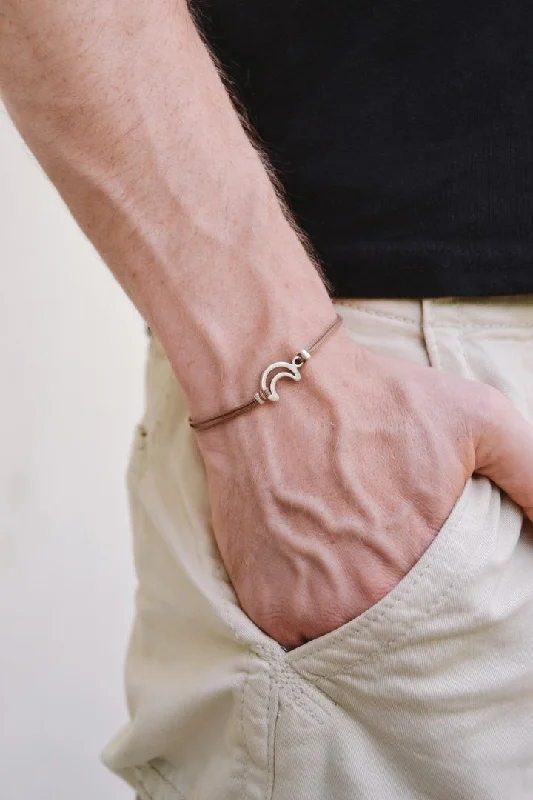 Crescent moon bracelet for men, brown cord, silver tone charm, gift for him