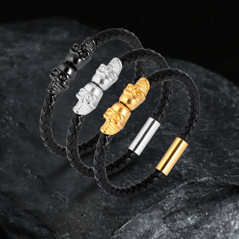 Double Skull Braided Stainless Steel Magnetic Buckle Leather Bracelet