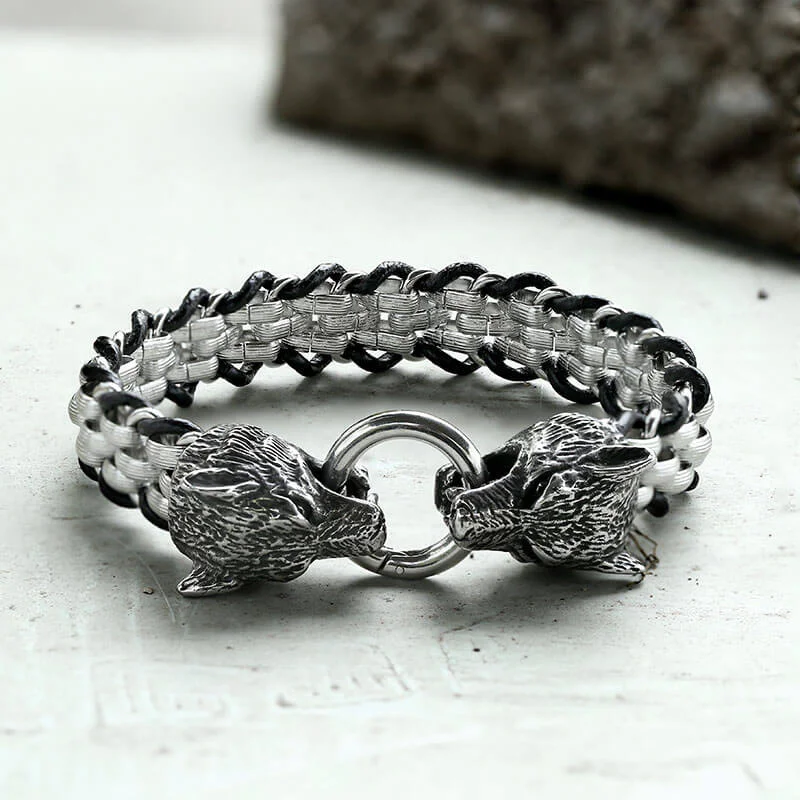 Double Wolf Head Buckle Stainless Steel Braided Bracelet