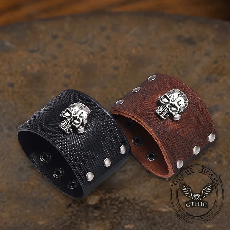 Exaggerated Skull Wide Leather Wristband Bracelet