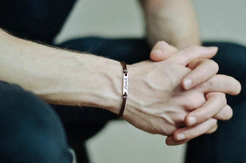 Silver Faith charm bracelet for men, brown cord, fathers day gift for him