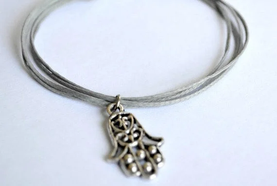 Gray cord bracelet with a silver Hamsa charm, gift for her