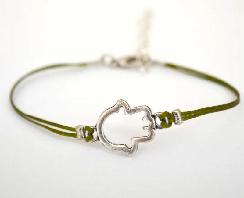 Silver Hamsa Bracelet for women, green cord, Kabbalah jewelry