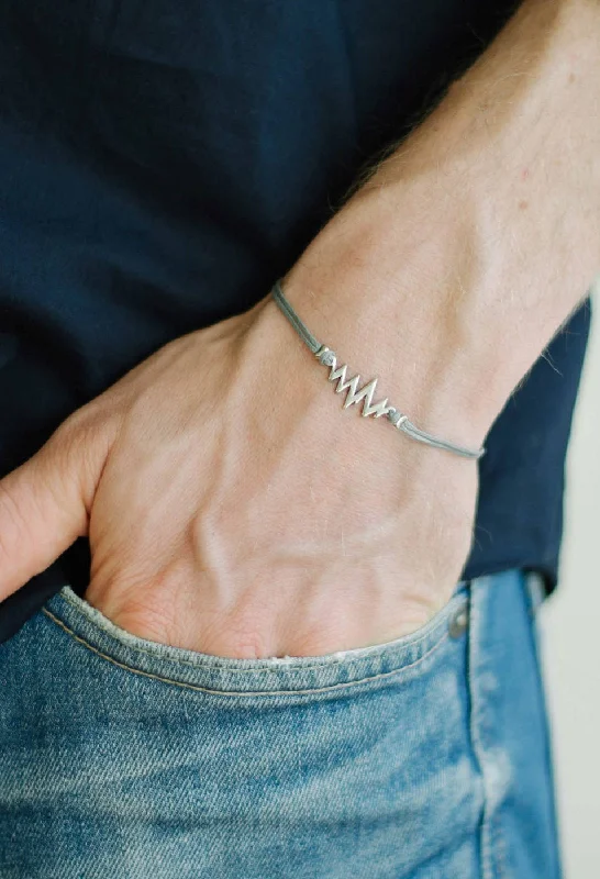 Silver heartbeat bracelet for men, gray cord, Valentine's day gift for him