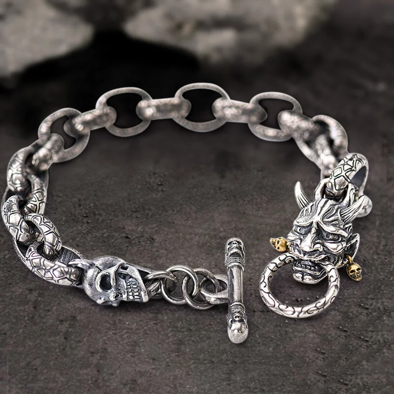 Japanese Demon Oni Skull Sterling Silver Bracelet