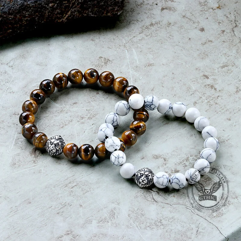 Lion Head Agate Stone Stainless Steel Bead Bracelet