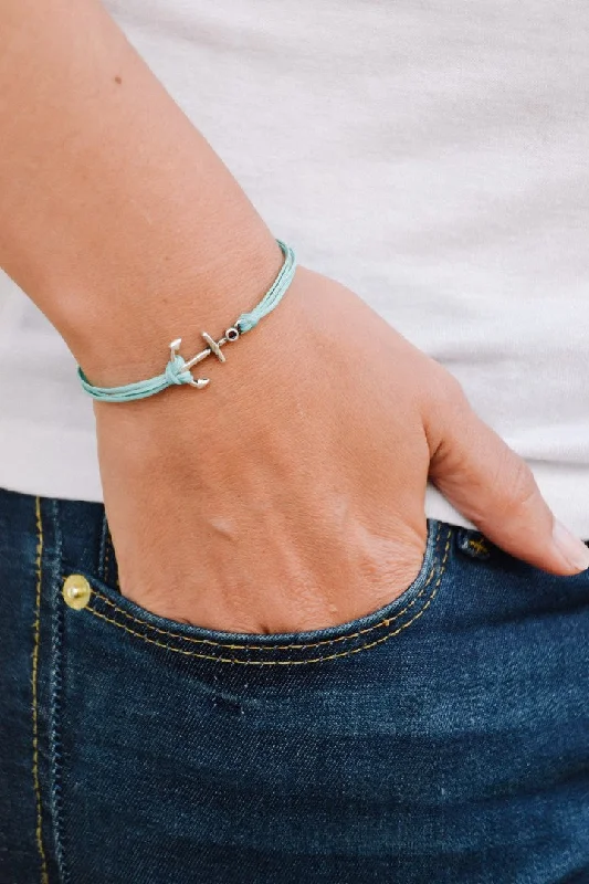 Silver anchor charm bracelet for women, turquoise cord, gift for her