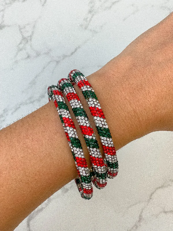 Pave Rhinestone Bangle Set - Red & Green Striped