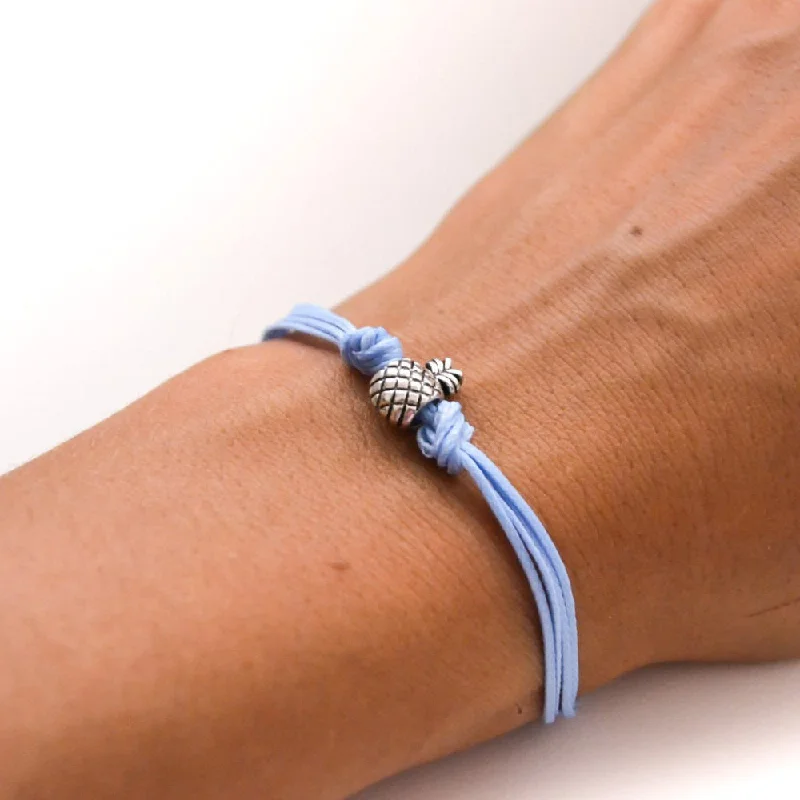 Silver Pineapple bead bracelet, light blue cord, gift for her