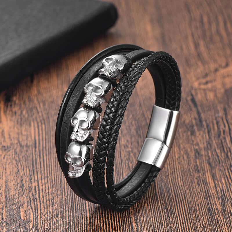 Punk Four Skulls Multi-Layer Braided Leather Bracelet