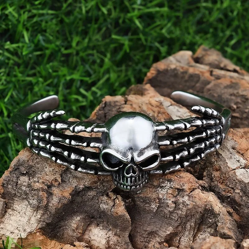 Punk Skeleton Hand Skull Head Stainless Steel Open Bracelet