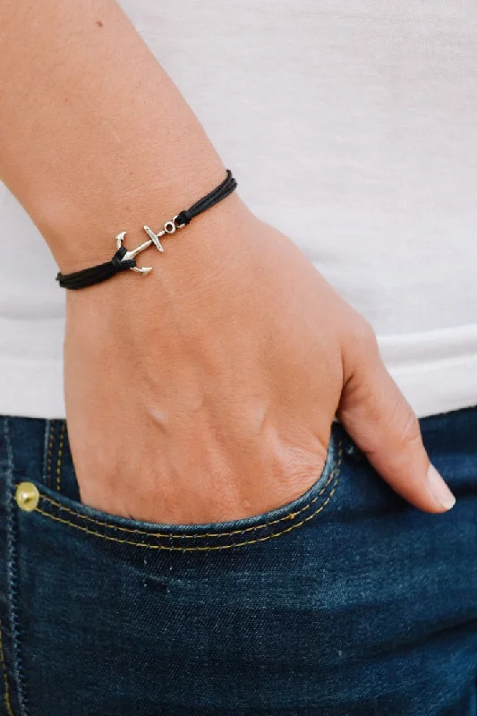 Silver anchor bracelet, black cords, nautical gift for her