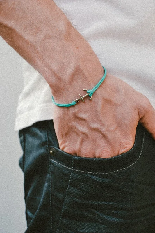 Silver anchor bracelet for men, turquoise cords