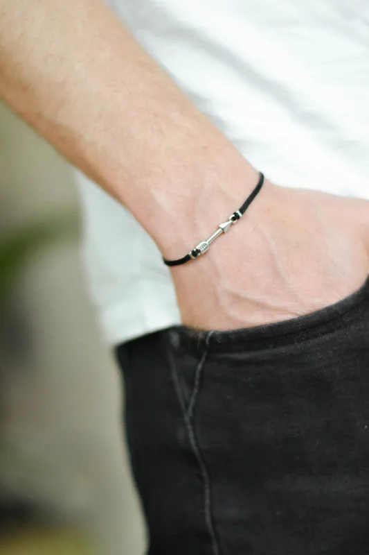 Silver arrow charm bracelet for men, black cords, custom size and color, handmade festival jewelry