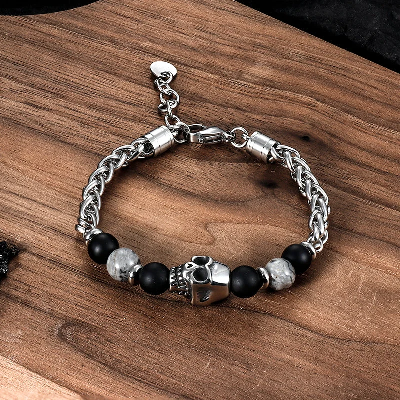 Skull Head Carnelian Map Stone Stainless Steel Bracelet