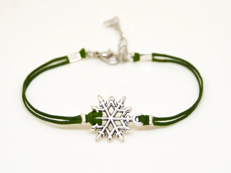 Snowflake bracelet, green cord, Christmas gift for her