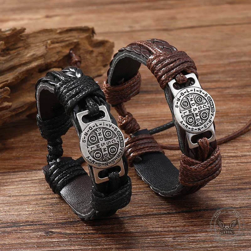 St. Benedict Braided Leather Cross Adjustable Bracelet