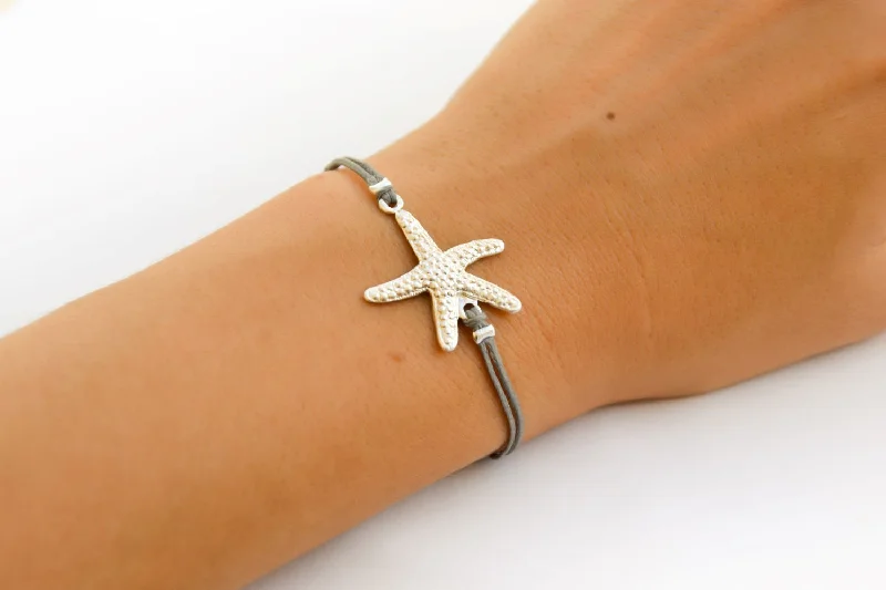 Silver starfish bracelet, gray cord, handmade gift for her