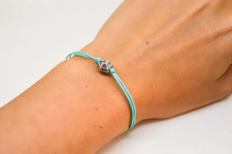 Turquoise cord bracelet with silver nugget bead charm, gift for her