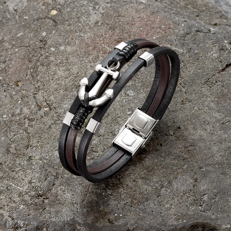 Vintage Multilayer Leather Anchor Stainless Steel Bracelet